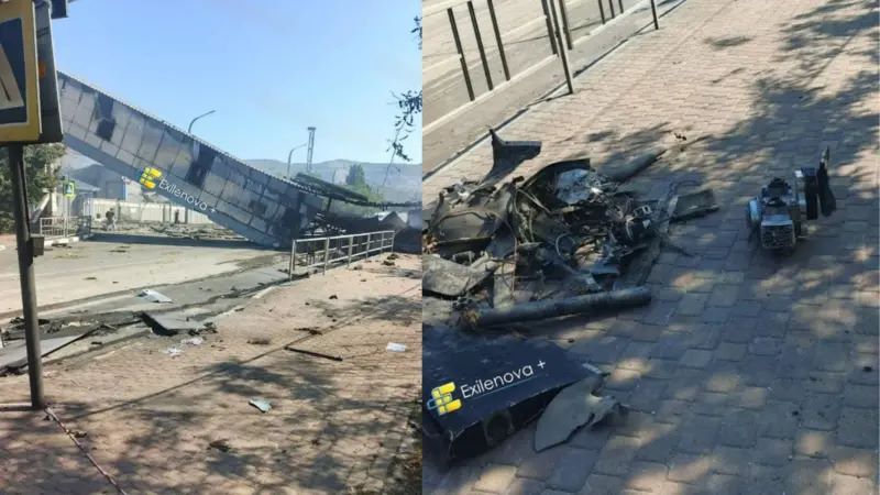 Пошкоджений зерновий термінал і уламки українського дрона в Новоросійську. Exilenova+