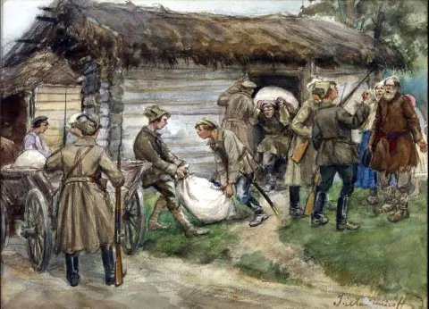 Акварель Івана Владимирова «Реквізиція борошна у заможних селян у селі» (1922 р.)